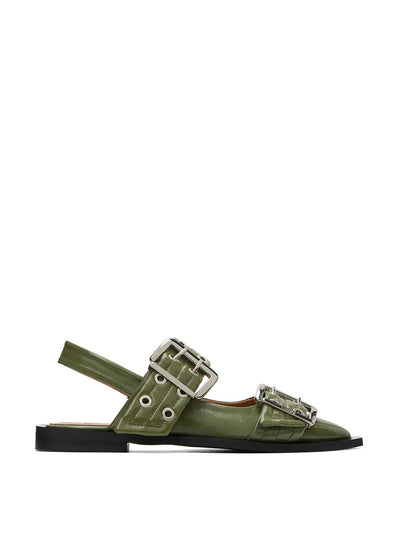 Ganni Khaki feminine buckle ballerina flats at Collagerie