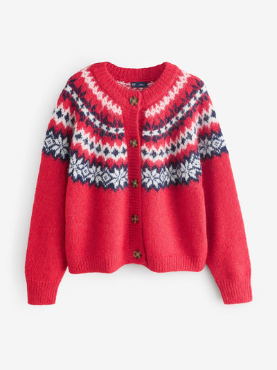 Gap Red fuzzy fair isle pattern cardigan at Collagerie