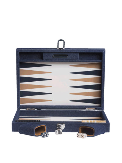 Greeks Bearing Gifts Daniel medium backgammon set in denim & beige at Collagerie