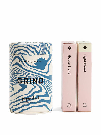 Grind x Henry Holland Blue & white tin and coffee pods at Collagerie