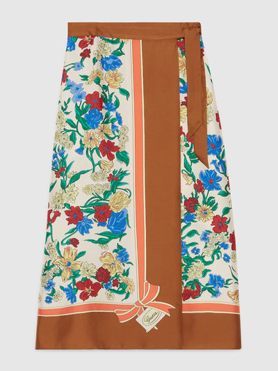 Gucci Ivory and brown floral print silk wrap around skirt at Collagerie