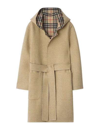 Burberry Beige wool reversible hooded wrap coat at Collagerie