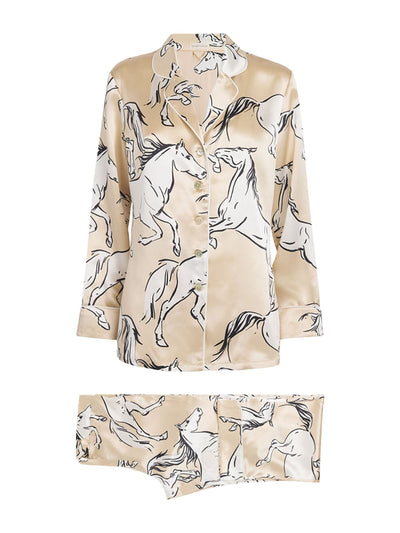 Olivia Von Halle Gold silk Lila Clementine Horse pyjamas at Collagerie