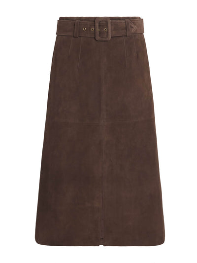 Veronica Beard Brown suede alexi midi skirt at Collagerie