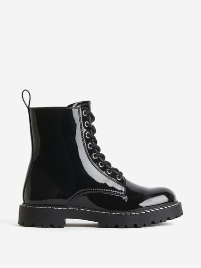 H&M Black shiny lace-up ankle boots at Collagerie