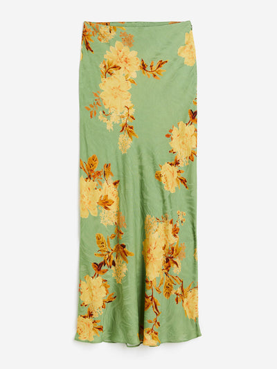 H&M Dusty green floral silk midi skirt at Collagerie