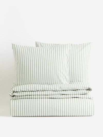 H&M Home Green striped cotton bedding set at Collagerie