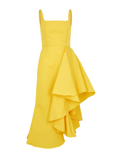 Alexander Mcqueen Yellow asymmetric faille midi dress at Collagerie