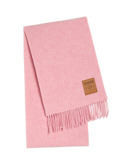 Ganni Designer-appliqué fringed wool scarf at Collagerie