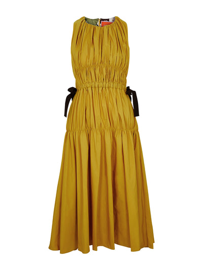 La DoubleJ Mustard ruched taffeta midi dress at Collagerie