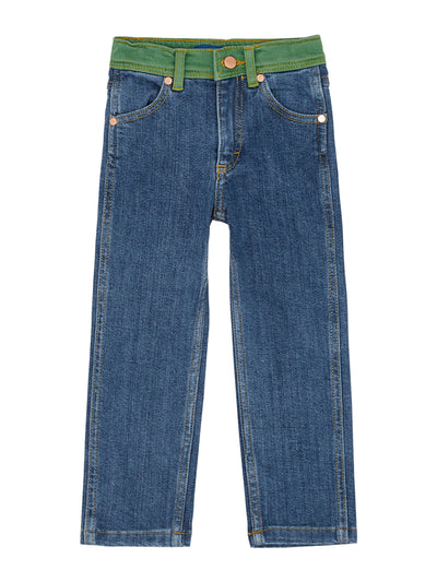 Mini Rodini x Wrangler Straight leg jeans with green waistband at Collagerie