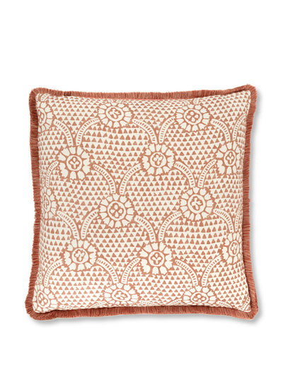 Volga Linen Terracotta Ivan print cushion with brushed fringe trim at Collagerie