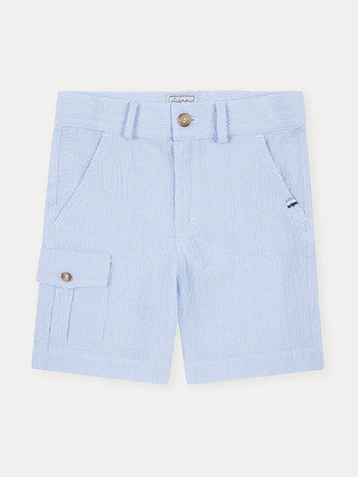 J&Josh Seersucker light blue cargo shorts at Collagerie
