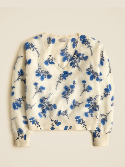 J.Crew Brushed cashmere V-neck sweater in toile floral print at Collagerie