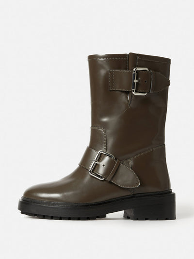 Jigsaw Box leather biker boots at Collagerie