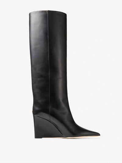 Jimmy Choo Black calf leather wedge knee-high boots at Collagerie