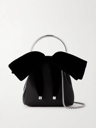 Jimmy Choo Bon Bon bow-embellished velvet-trimmed satin bucket bag at Collagerie