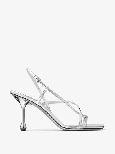 Jimmy Choo Etana 80 silver metallic leather sandals at Collagerie