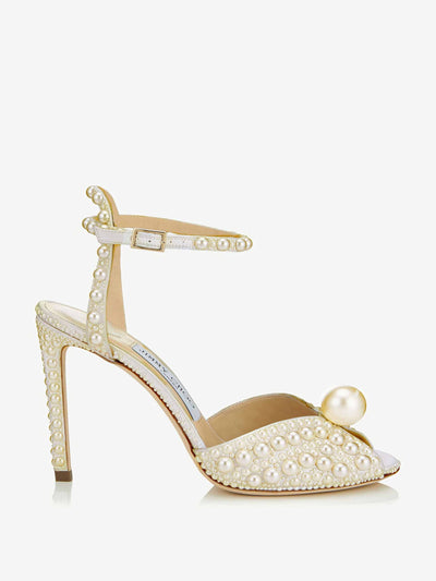 Jimmy Choo White pearl-embellished satin sandals at Collagerie