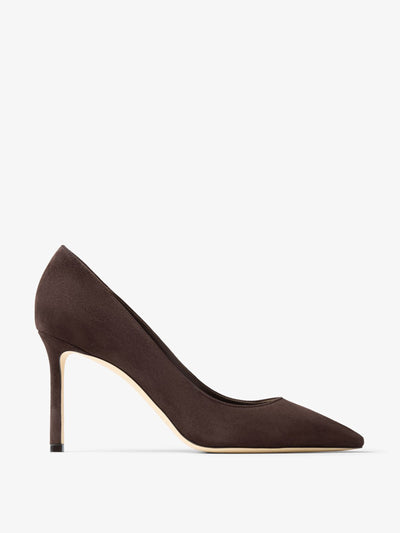 Jimmy Choo Romy 85 coffee tonal suede pumps at Collagerie