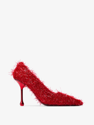 Jimmy Choo Ixia 95 ruby red tinsel pumps at Collagerie