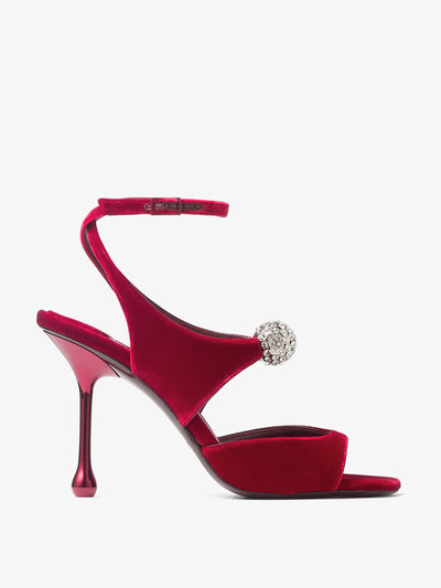 Jimmy Choo Orb 95 ruby red velvet sandals at Collagerie