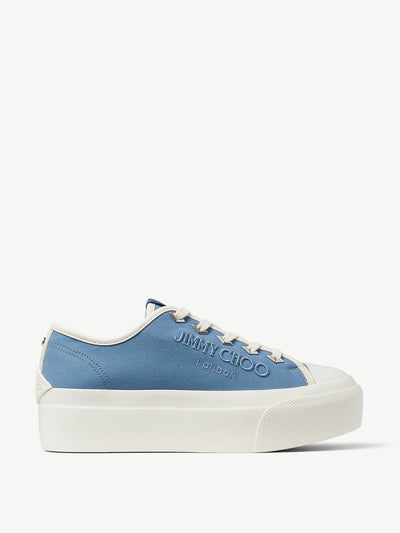 Jimmy Choo Palma denim and latte canvas platform trainers at Collagerie