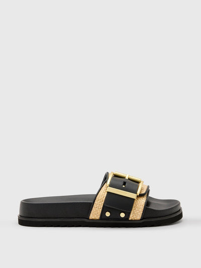 AllSaints Ellie leather raffia sliders at Collagerie