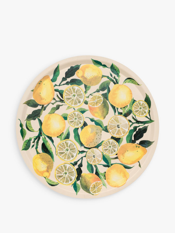 Lemons print round wood tray