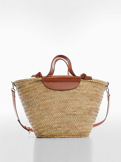 Mango Leather-trimmed raffia tote bag at Collagerie