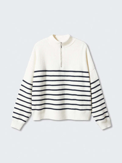 Mango White and navy striped jumper with zip at Collagerie