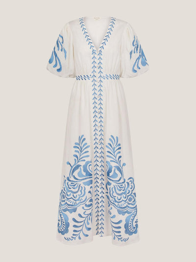 Monsoon Maria embroidered puff sleeve midi dress at Collagerie
