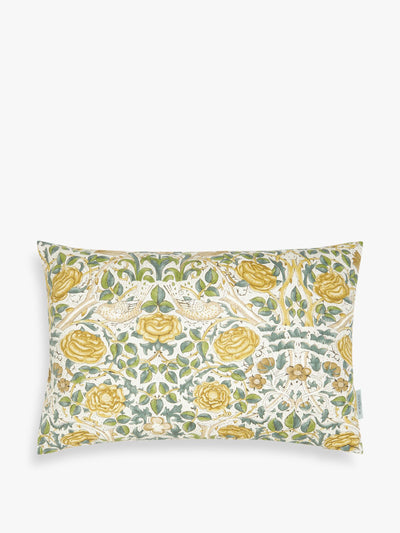 Morris & Co Rose cushion in Weld/Leaf Green at Collagerie