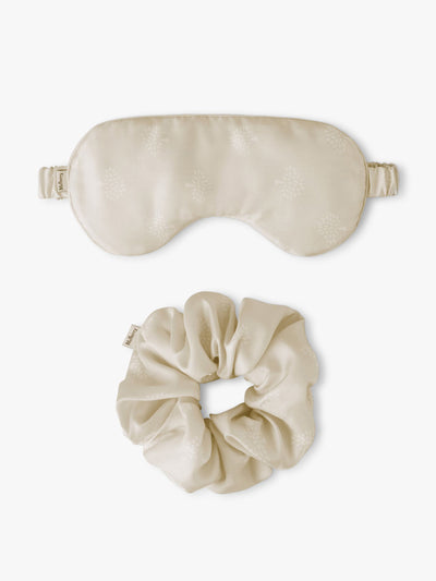 Mulberry Silk travel eye mask and scrunchie set at Collagerie