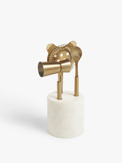 John Lewis & Partners Stainless steel cocktail tool set & marble stand at Collagerie