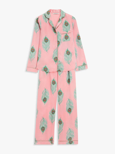 Their Nibs Peacock feather print satin pyjamas at Collagerie