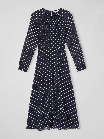 LK Bennett Navy polka dot midi dress at Collagerie