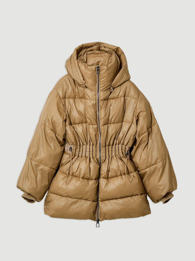 Karen Millen Quilted drawstring waist hooded rib cuff puffer jacket at Collagerie