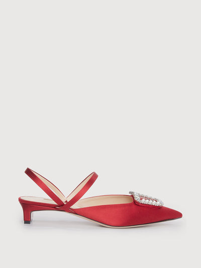 Emilia Wickstead Red satin jewel Katrina kitten heels at Collagerie