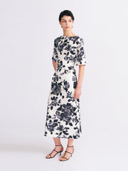 Kora dress in black and white floral print on twill