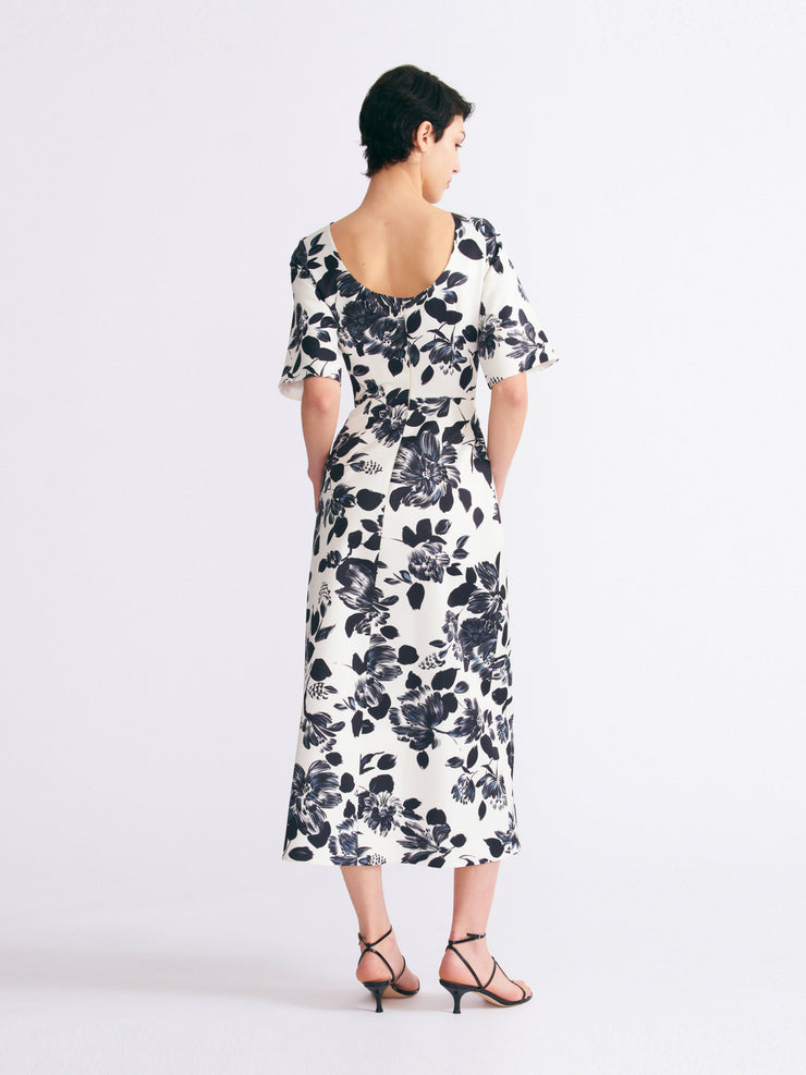 Kora dress in black and white floral print on twill