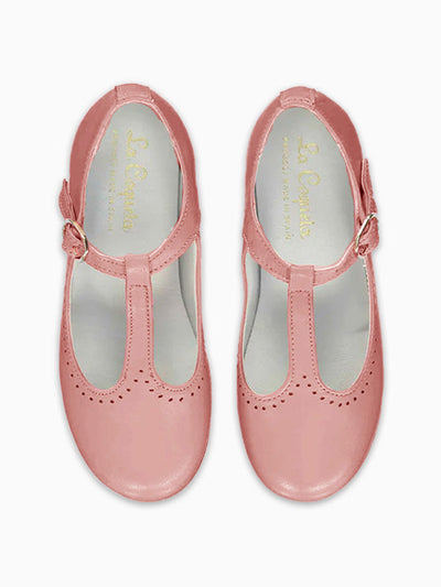 La Coqueta Kids Pink leather T-bar shoes at Collagerie