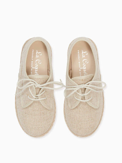 La Coqueta Kids Rowan canvas boy’s lace-up espadrille’s in Sand at Collagerie