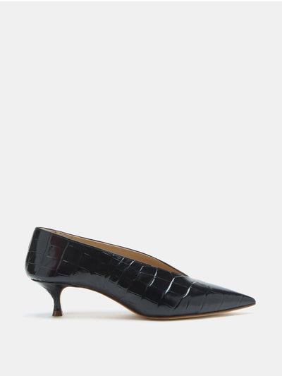 Le Monde Beryl Babouche kitten heels in coco black leather croc effect at Collagerie