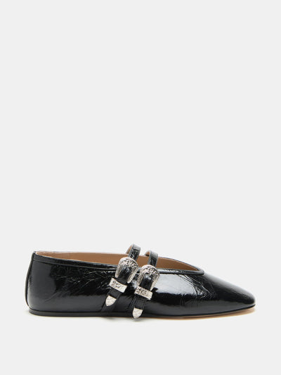 Le Monde Beryl Ballet Claudia slippers in black naplack leather at Collagerie