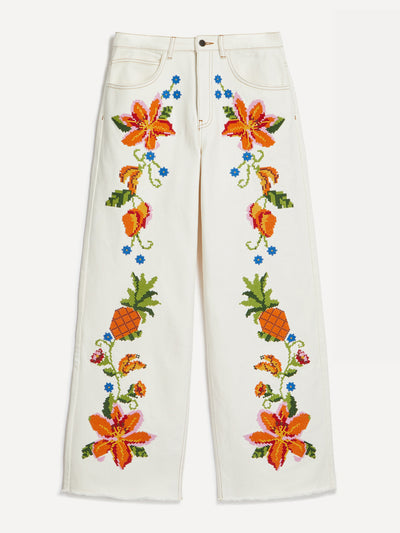 Farm Rio White embroidered floral twill trousers at Collagerie