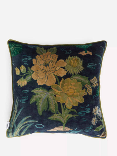 Liberty London Lotus garden velvet square cushion in jade at Collagerie