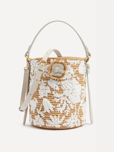Liberty Raffia embroidered mini bucket bag at Collagerie