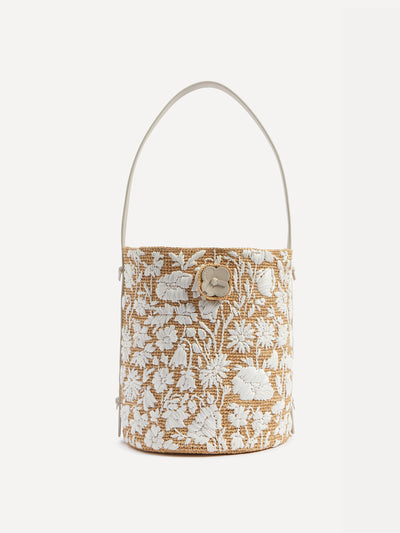 Liberty Raffia medium embroidered bucket bag at Collagerie