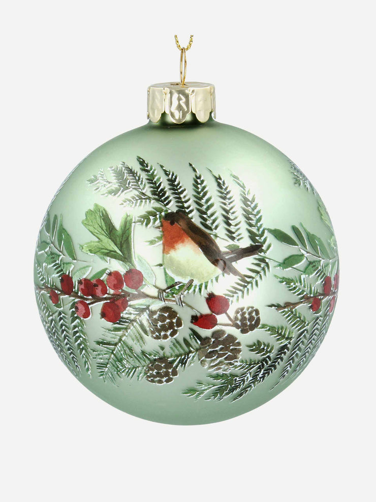Robin with festive foliage bauble